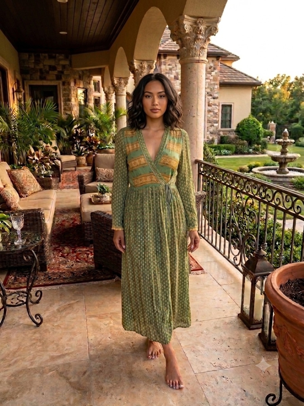 April Cornell Green Printed Wrap Midi Dress with Gold Accents